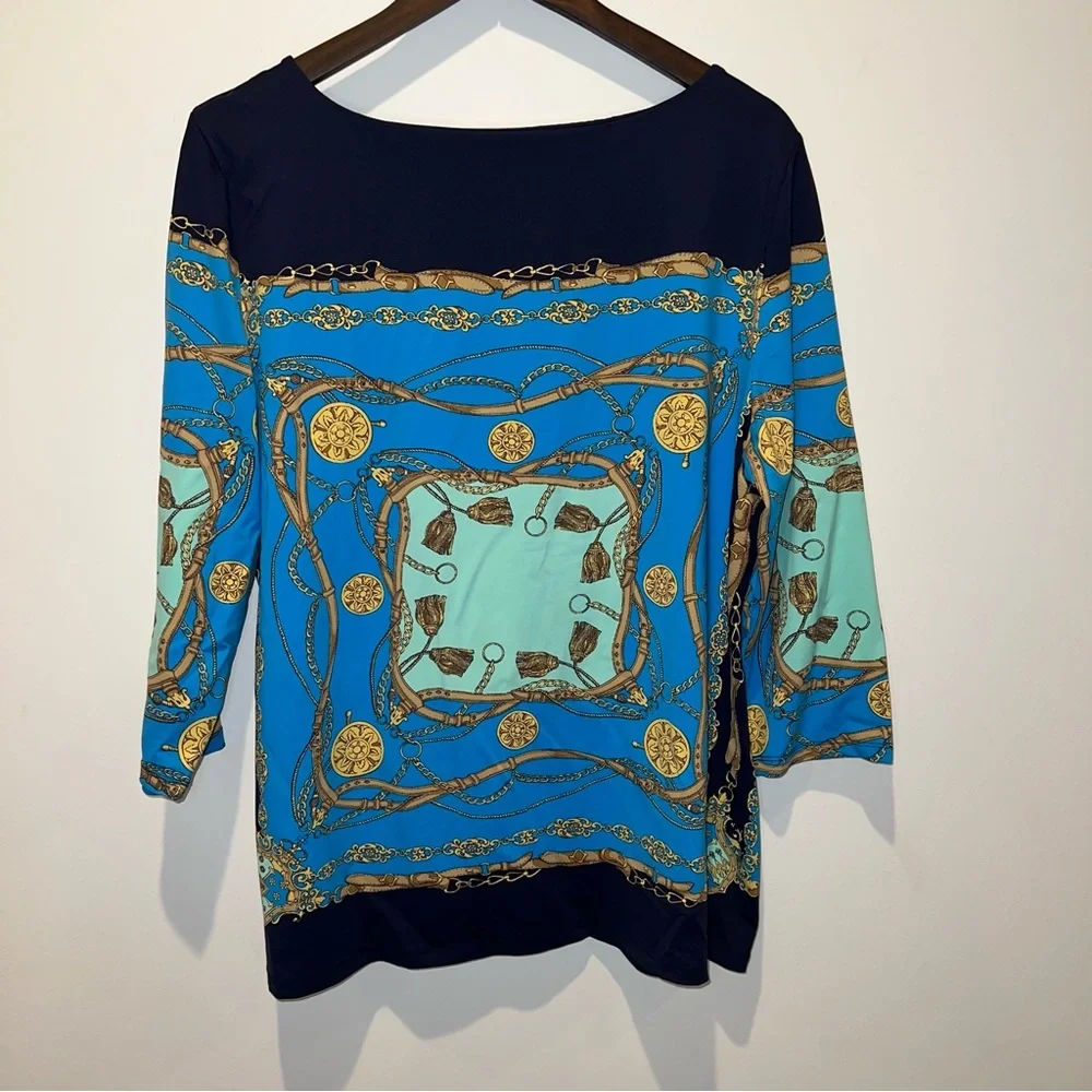 Charter Club Women’s Size XL Boat Neck Top 3/4 Sleeve Gold Treasure Design - Picture 2 of 7